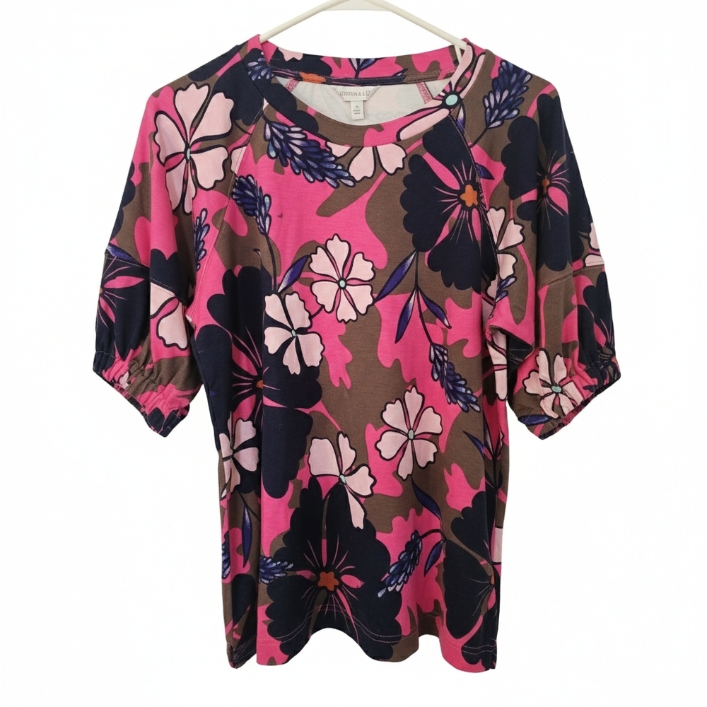 NWT Crown & Ivy Vibrant Pink and Brown Floral Tee - Picture 2 of 12